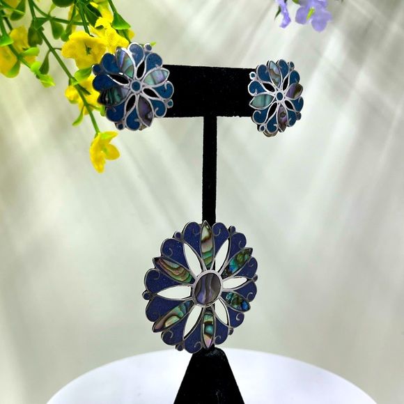 925 Sterling Silver and Abalone Shell Vintage Screwback Earring and Brooch Set - Picture 3 of 8